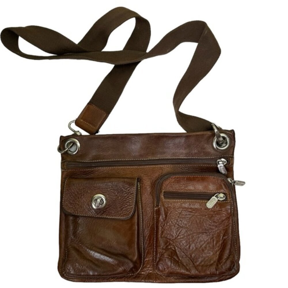 ROOTS Vintage Village Tribe Leather Brown Crossbody Shoulder Bag Pockets Logo‎